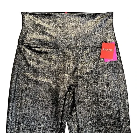 SPANX Velvet Shine Black Metallic Gold Leggings Shimmer High Rise Velour XL NWT - Picture 3 of 8